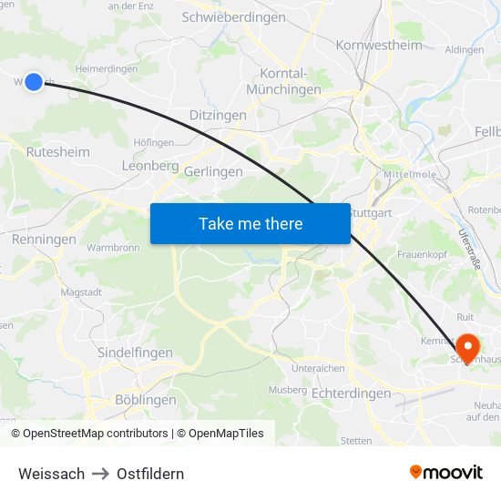 Weissach to Ostfildern map