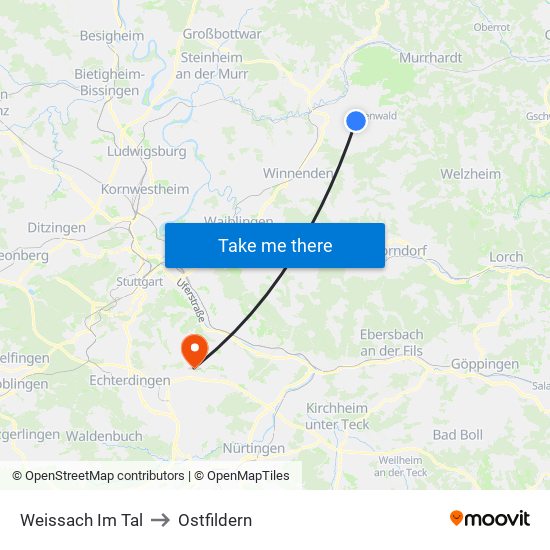 Weissach Im Tal to Ostfildern map