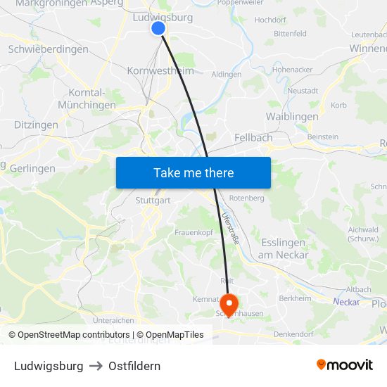 Ludwigsburg to Ostfildern map