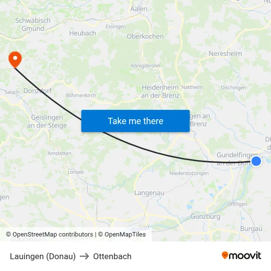 Lauingen (Donau) to Ottenbach map