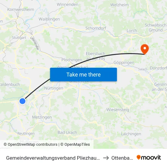 Gemeindeverwaltungsverband Pliezhausen to Ottenbach map