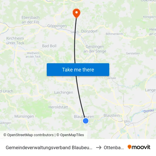 Gemeindeverwaltungsverband Blaubeuren to Ottenbach map