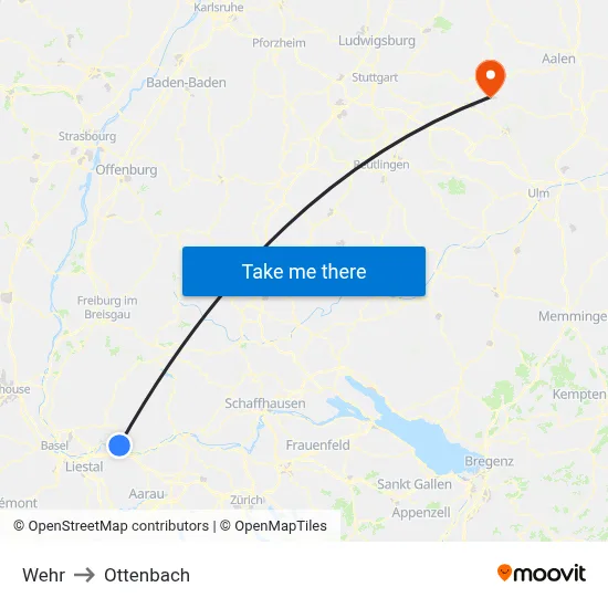 Wehr to Ottenbach map