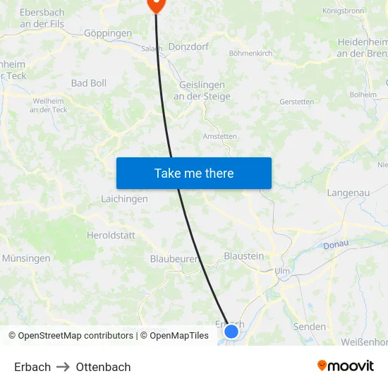 Erbach to Ottenbach map