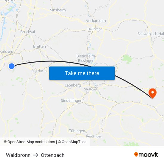 Waldbronn to Ottenbach map