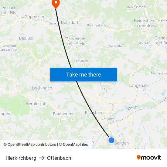 Illerkirchberg to Ottenbach map