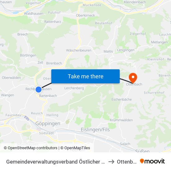 Gemeindeverwaltungsverband Östlicher Schurwald to Ottenbach map