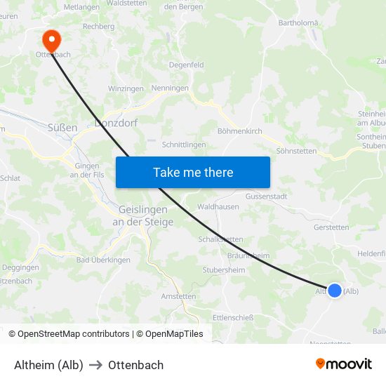 Altheim (Alb) to Ottenbach map