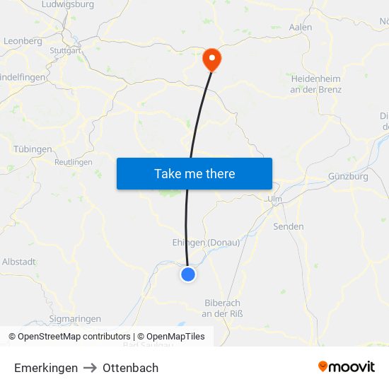 Emerkingen to Ottenbach map