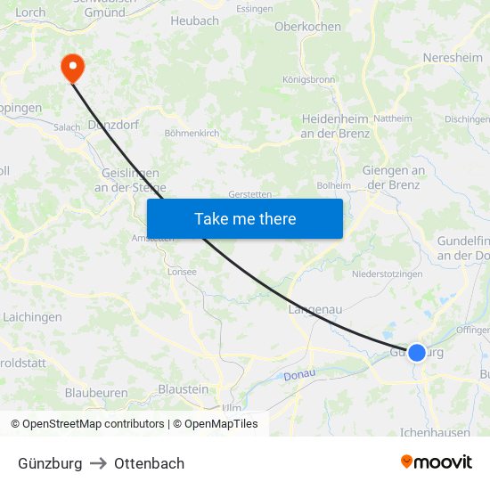 Günzburg to Ottenbach map