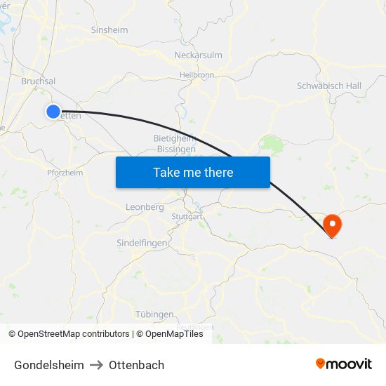 Gondelsheim to Ottenbach map