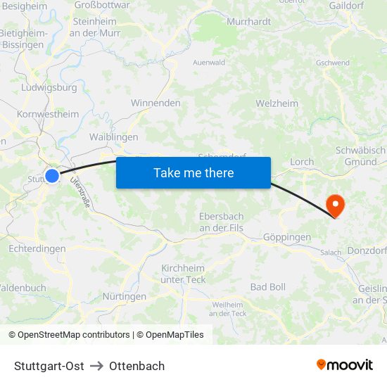 Stuttgart-Ost to Ottenbach map