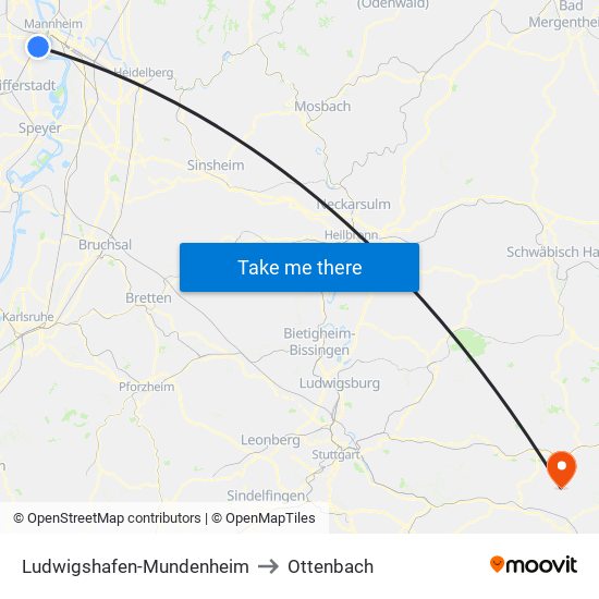 Ludwigshafen-Mundenheim to Ottenbach map