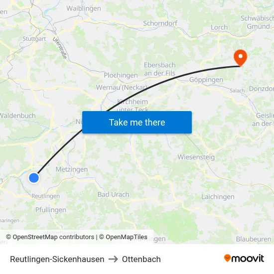 Reutlingen-Sickenhausen to Ottenbach map