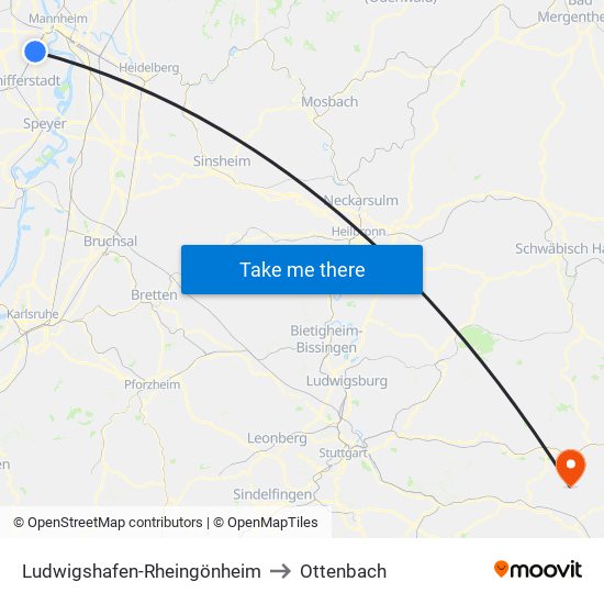 Ludwigshafen-Rheingönheim to Ottenbach map