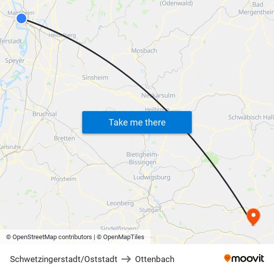 Schwetzingerstadt/Oststadt to Ottenbach map