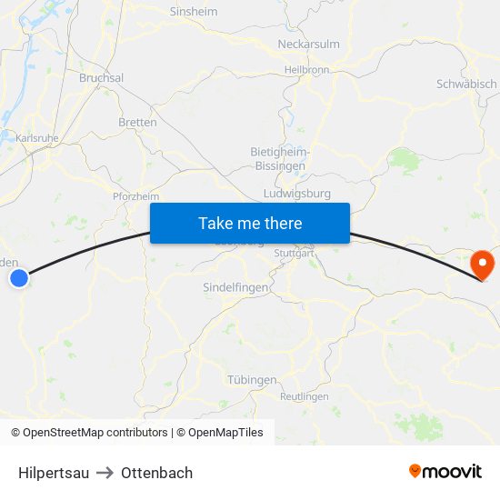 Hilpertsau to Ottenbach map