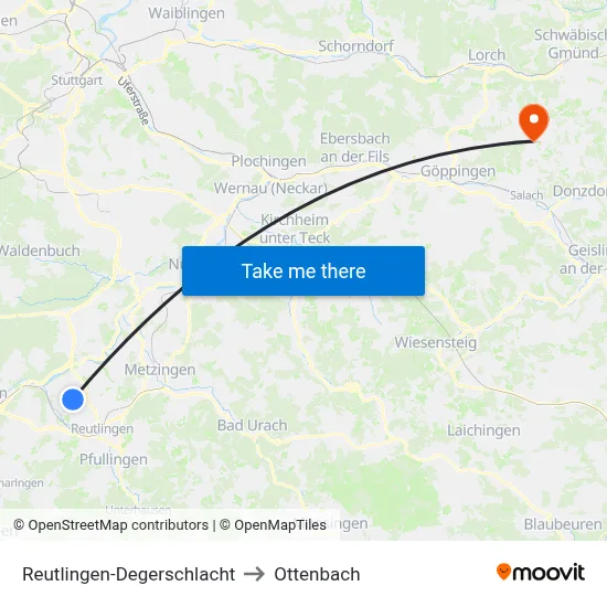 Reutlingen-Degerschlacht to Ottenbach map