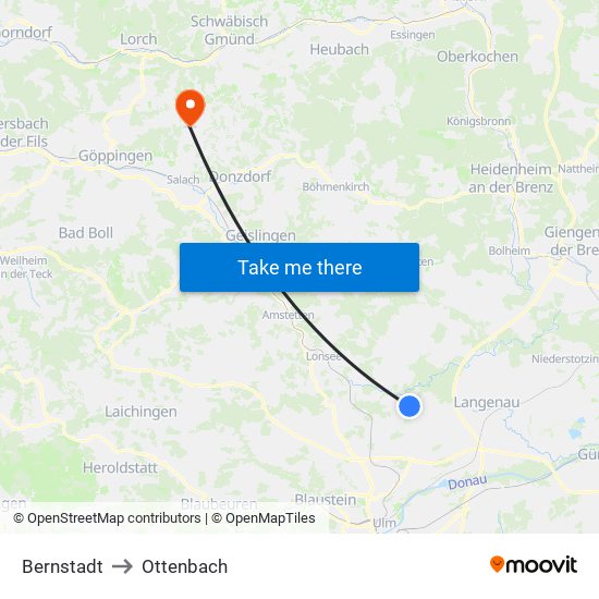 Bernstadt to Ottenbach map