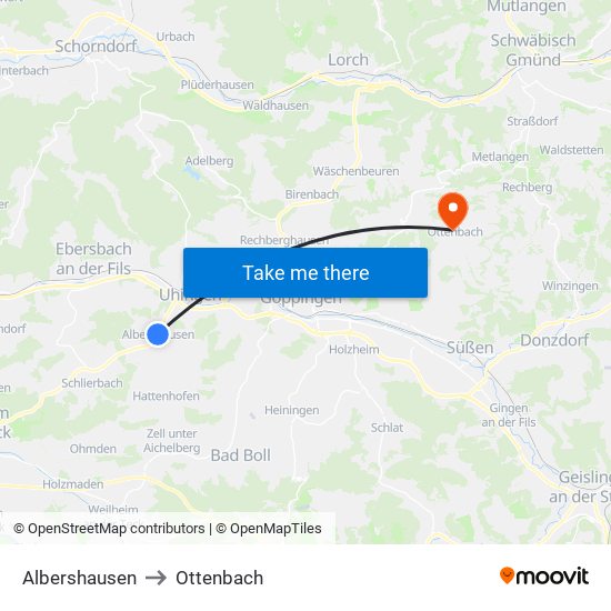Albershausen to Ottenbach map