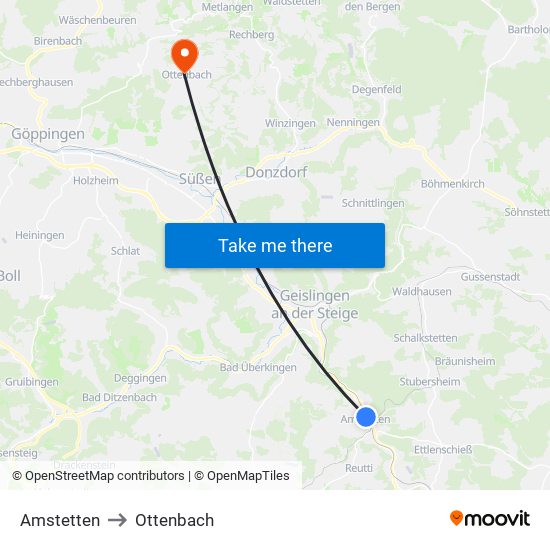 Amstetten to Ottenbach map