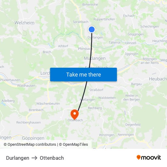 Durlangen to Ottenbach map