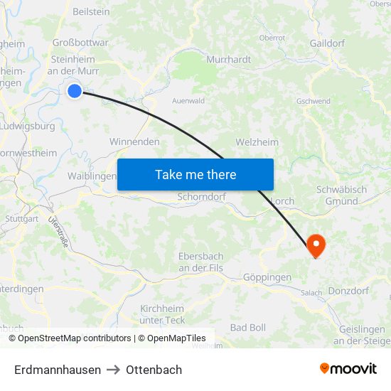 Erdmannhausen to Ottenbach map