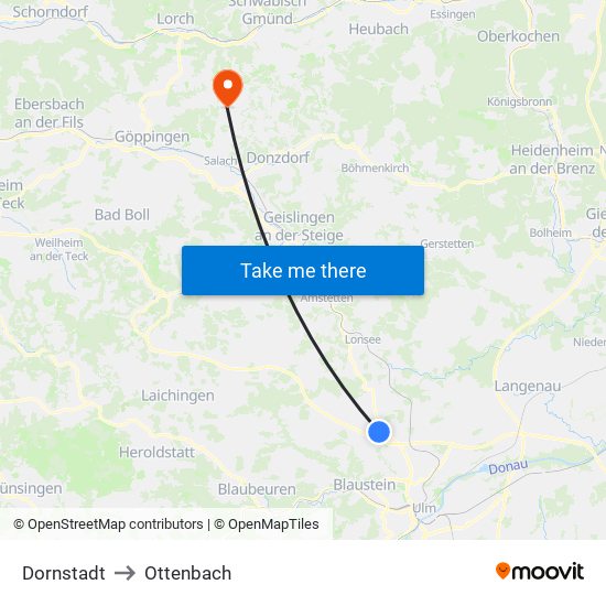 Dornstadt to Ottenbach map