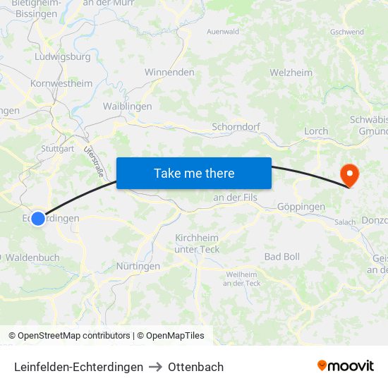 Leinfelden-Echterdingen to Ottenbach map
