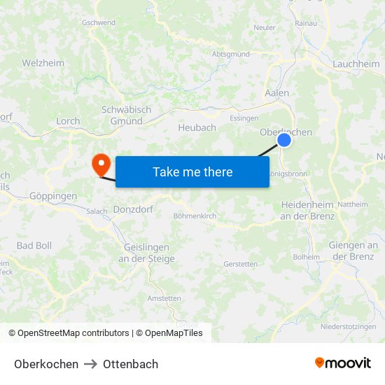 Oberkochen to Ottenbach map