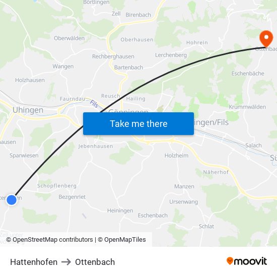 Hattenhofen to Ottenbach map