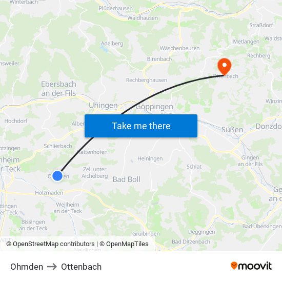 Ohmden to Ottenbach map