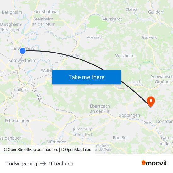 Ludwigsburg to Ottenbach map