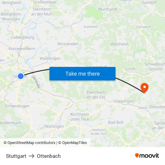 Stuttgart to Ottenbach map
