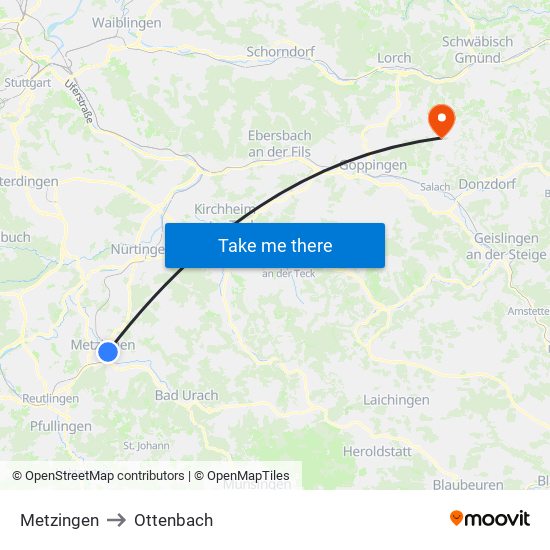 Metzingen to Ottenbach map