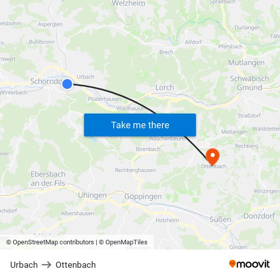 Urbach to Ottenbach map