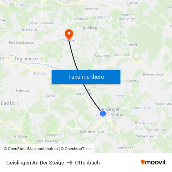 Geislingen An Der Steige to Ottenbach map