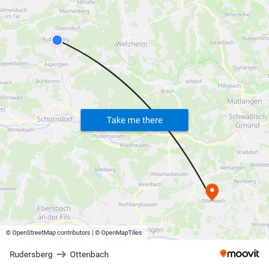 Rudersberg to Ottenbach map