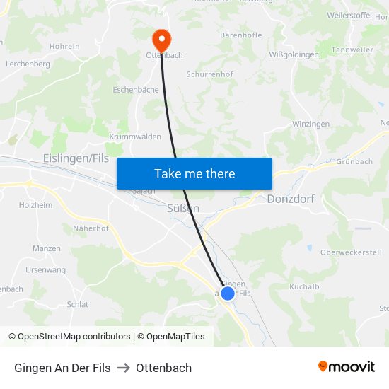 Gingen An Der Fils to Ottenbach map