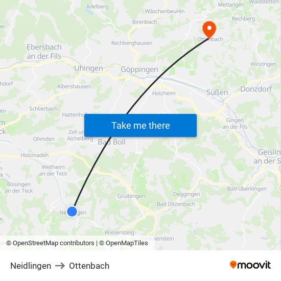 Neidlingen to Ottenbach map