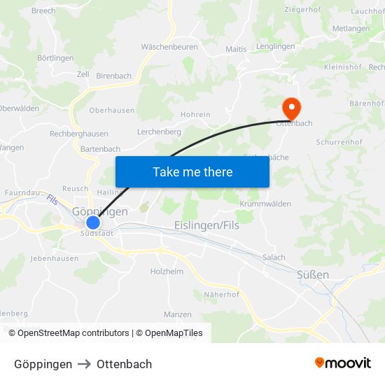Göppingen to Ottenbach map