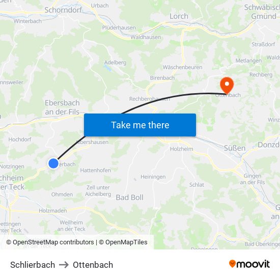 Schlierbach to Ottenbach map