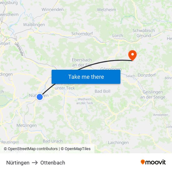 Nürtingen to Ottenbach map