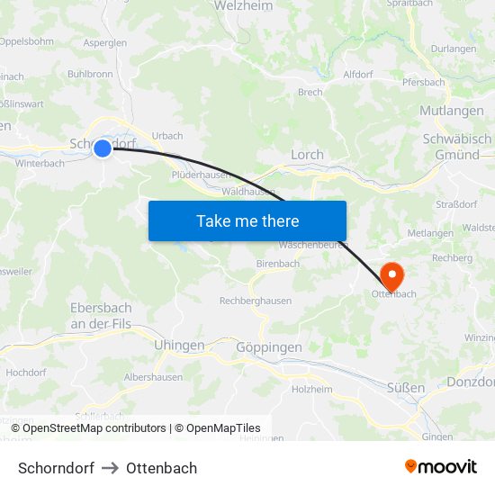 Schorndorf to Ottenbach map