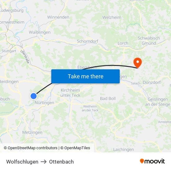 Wolfschlugen to Ottenbach map