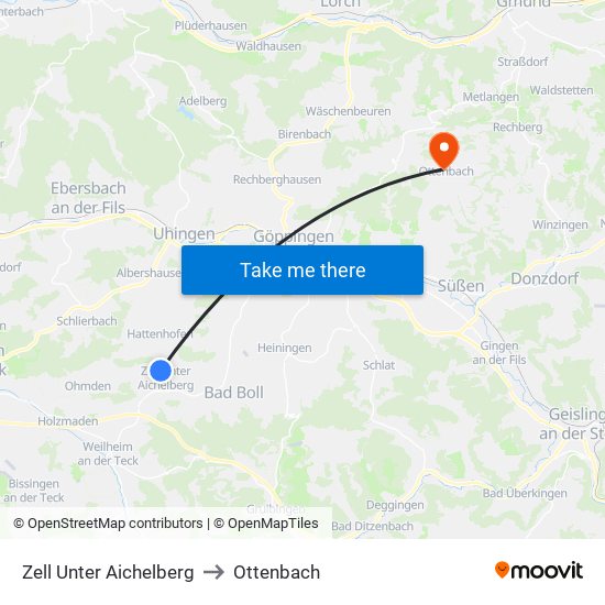 Zell Unter Aichelberg to Ottenbach map