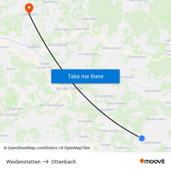 Weidenstetten to Ottenbach map
