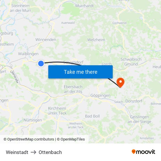 Weinstadt to Ottenbach map