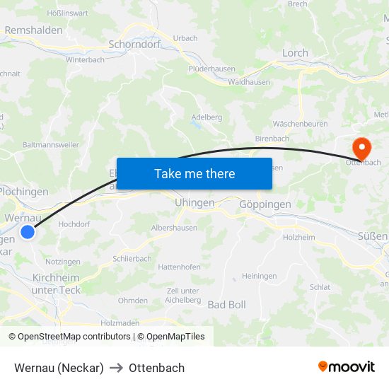 Wernau (Neckar) to Ottenbach map