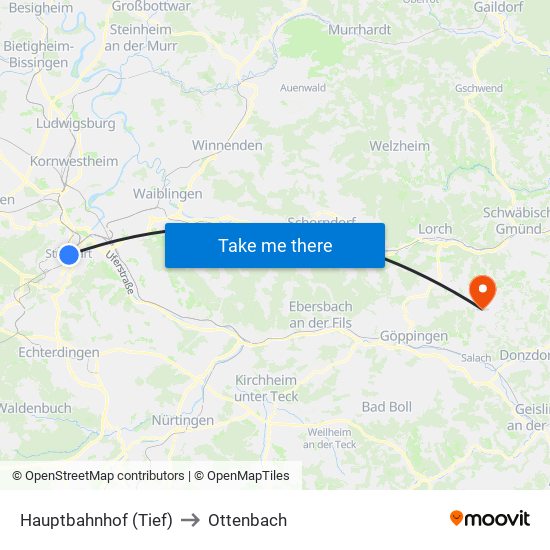 Hauptbahnhof (Tief) to Ottenbach map